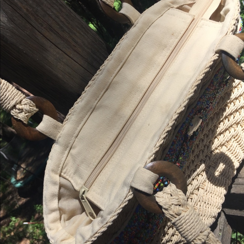Cappelli bead embellished creamy wicker straw bag woven handbag,HP24 - Picture 7 of 11